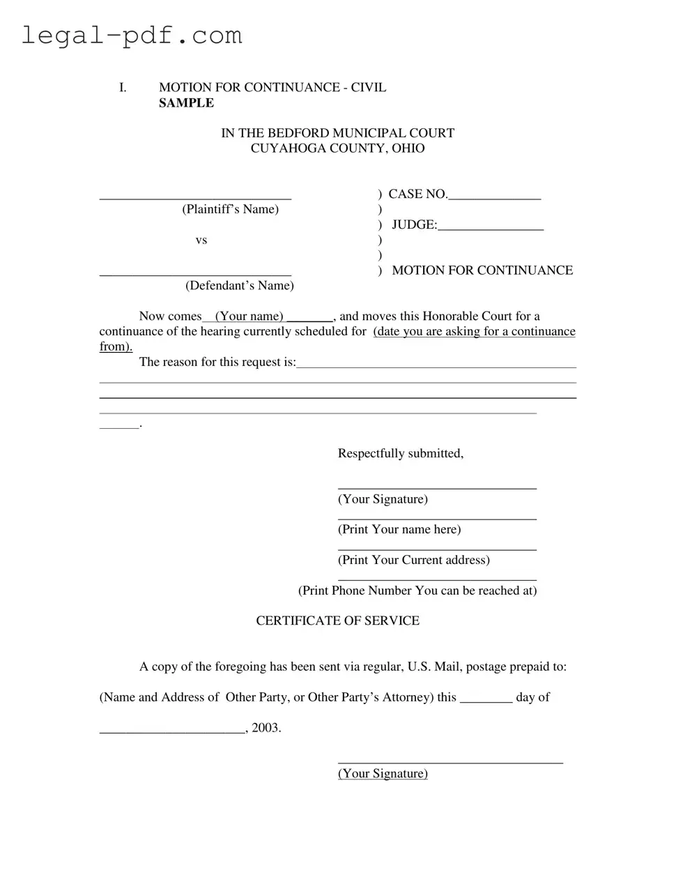 Blank Motion For Continuance Form