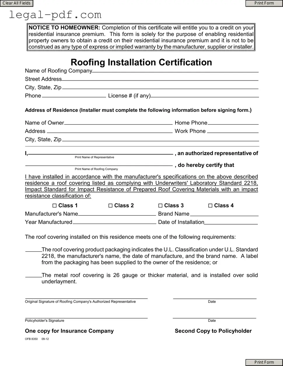 Blank Roofing Certificate Form
