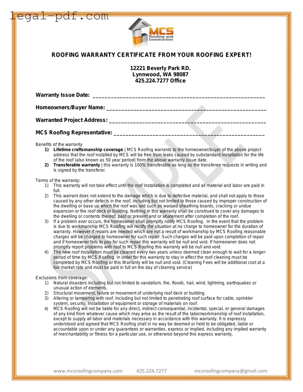 Blank Roofing Warranty Certificate Form