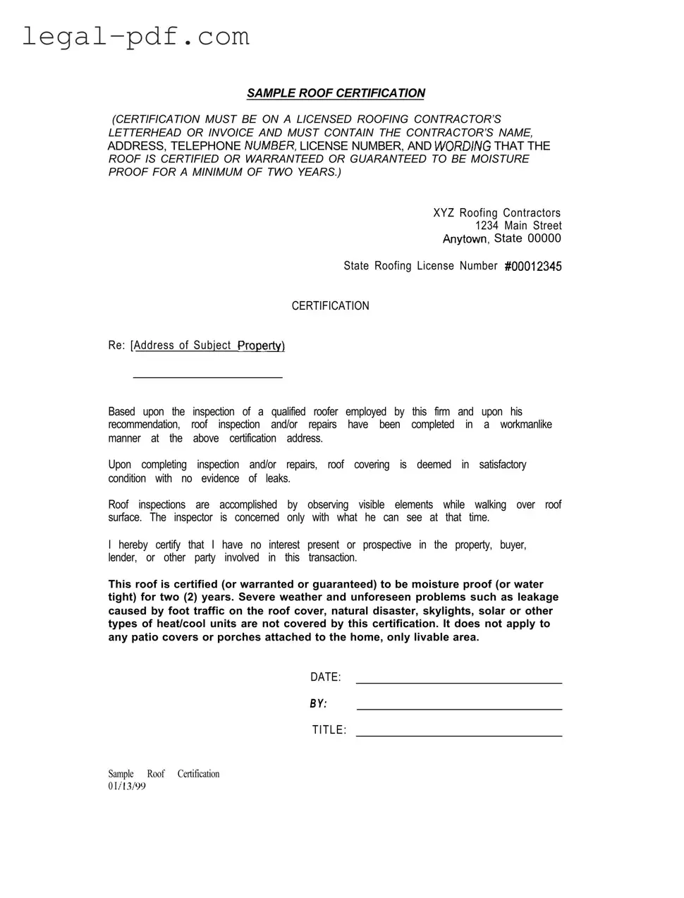 Blank Sample Roof Certification Form