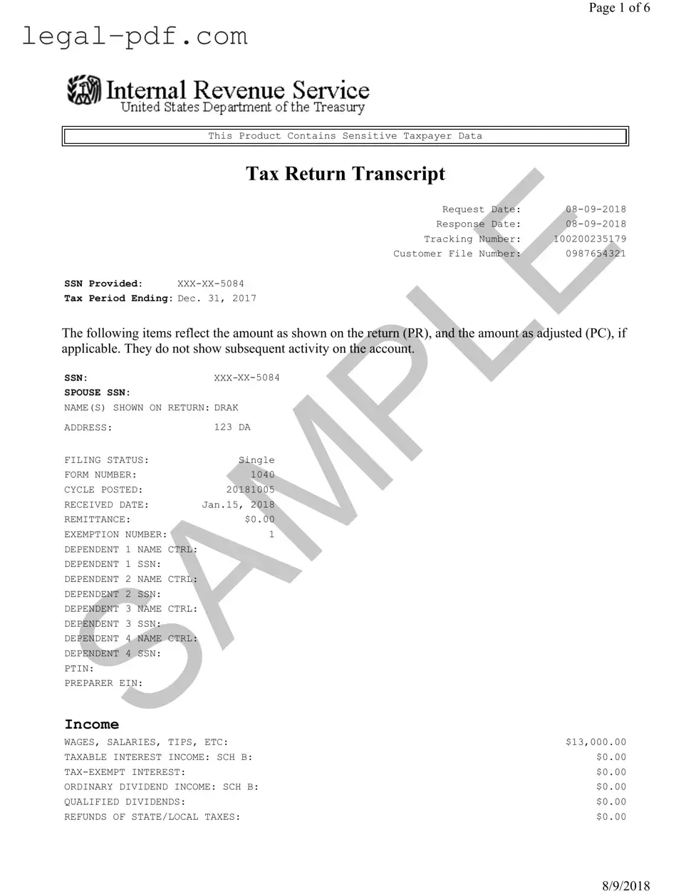 Blank Sample Tax Return Transcript Form