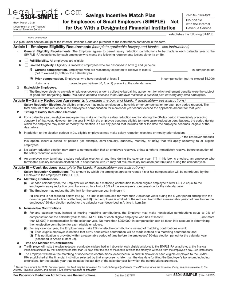 Blank IRS 5304-SIMPLE Form