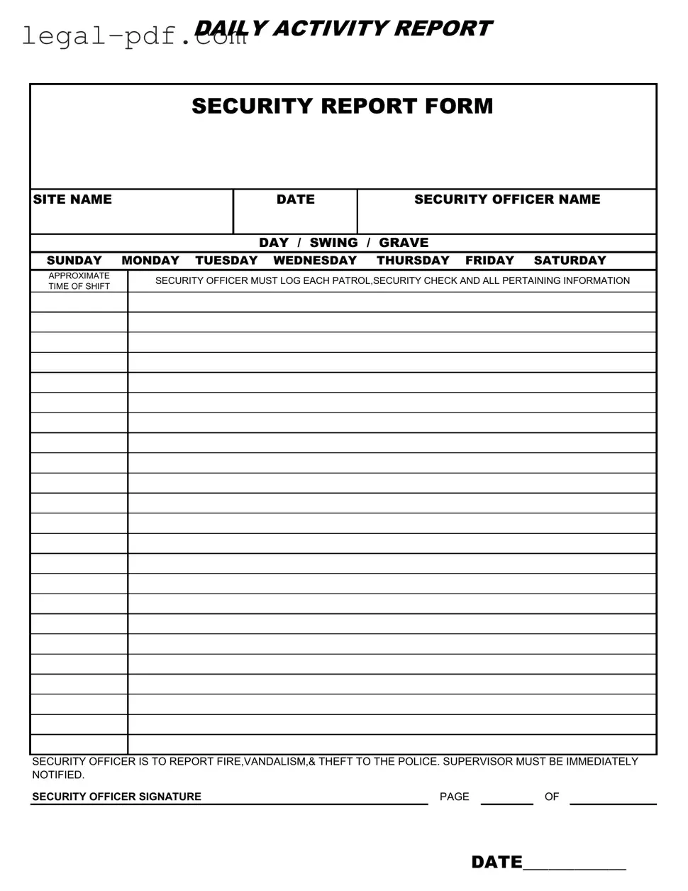 Blank Security Guard Daily Report Sample Form