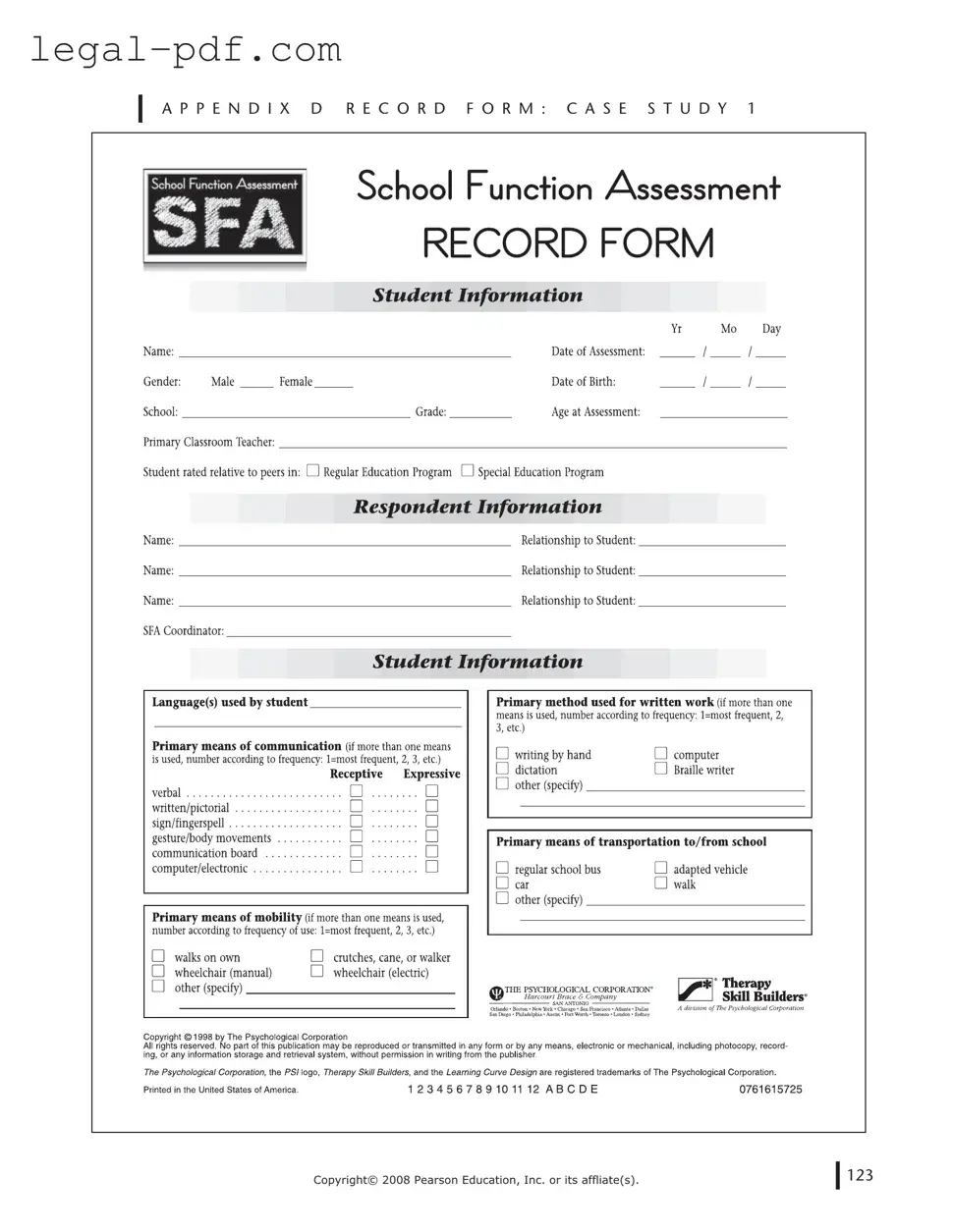 Blank School Function Assessment Form