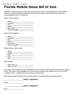 Legal  Mobile Home Bill of Sale Document for Florida