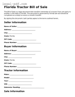 Legal  Tractor Bill of Sale Document for Florida