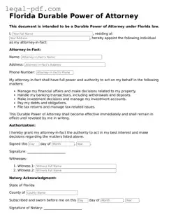 Legal  Durable Power of Attorney Document for Florida