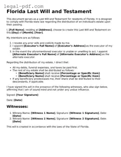 Legal  Last Will and Testament Document for Florida