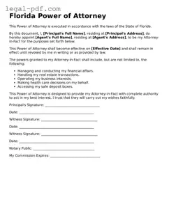 Legal  Power of Attorney Document for Florida