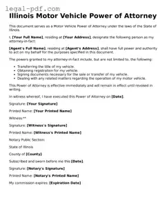 Legal  Motor Vehicle Power of Attorney Document for Illinois