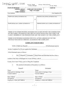 Blank Michigan Complaint Divorce Form
