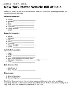Legal  Motor Vehicle Bill of Sale Document for New York