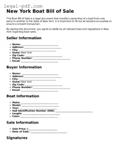 Legal  Boat Bill of Sale Document for New York