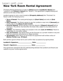 Legal  Room Rental Agreement Document for New York