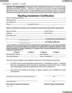 Blank Roofing Certificate Form