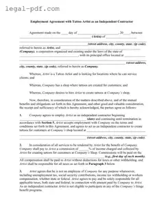 Blank Tattoo Shop Artist Agreement Form