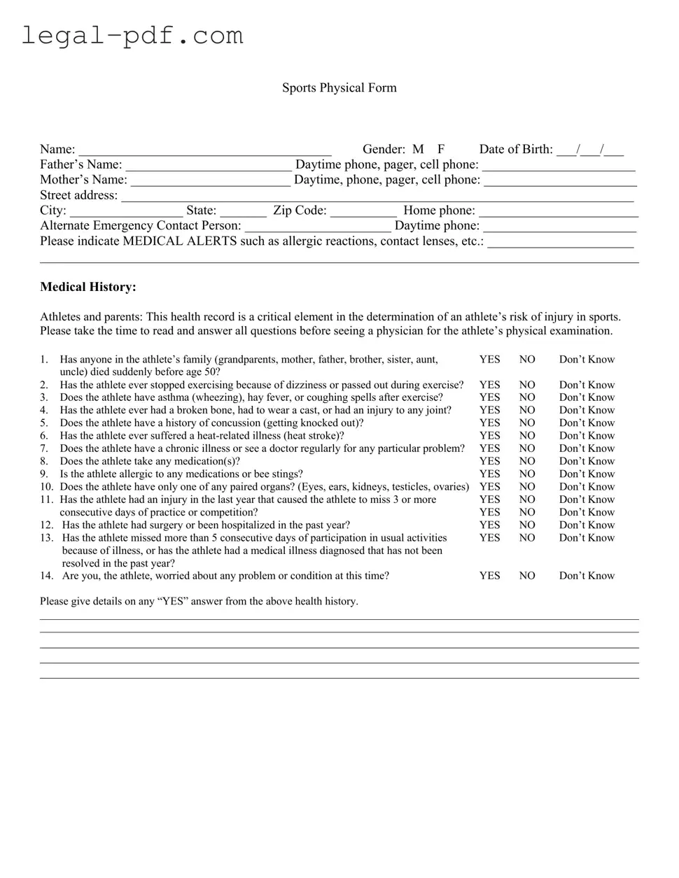 Blank Sports Physical Form