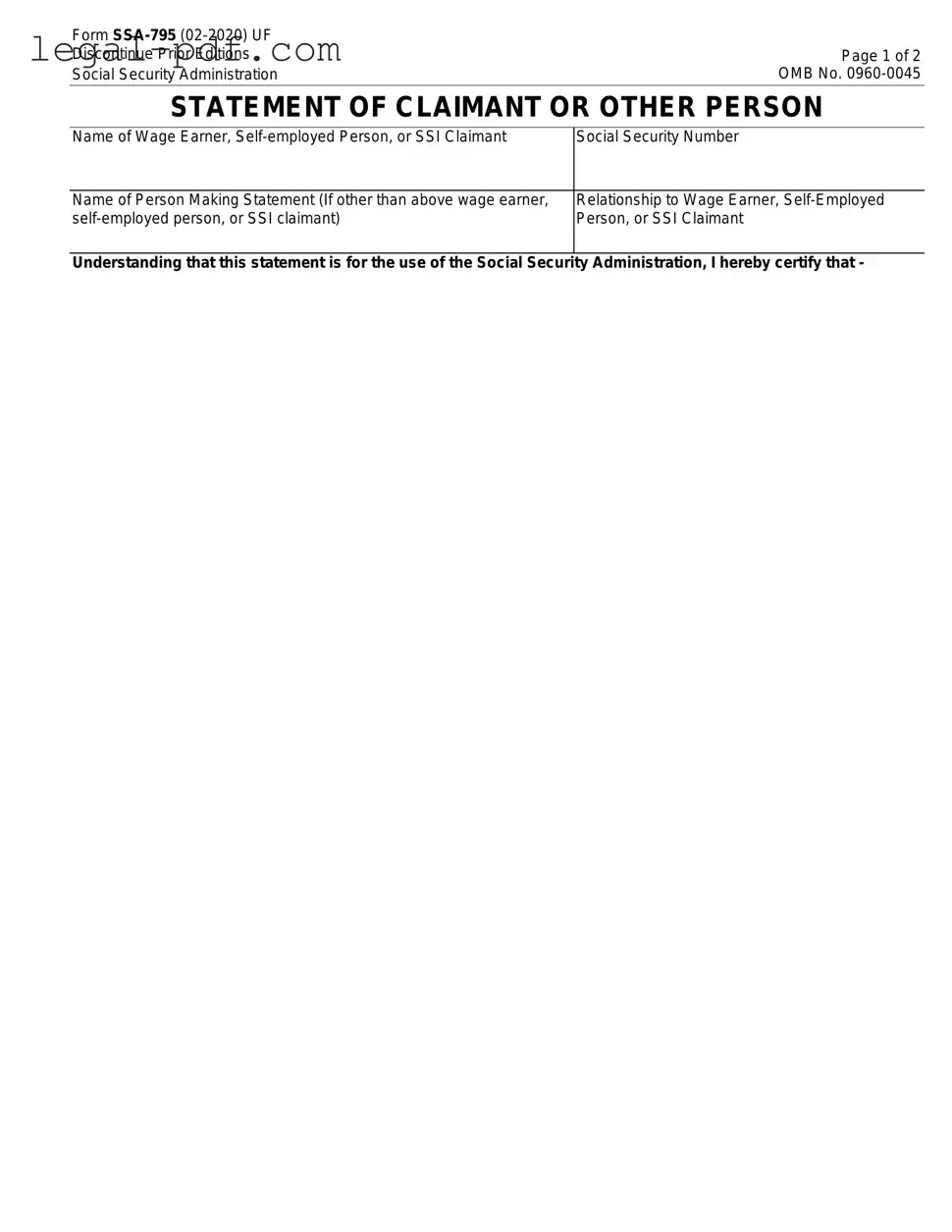 Blank SSA SSA-795 Form