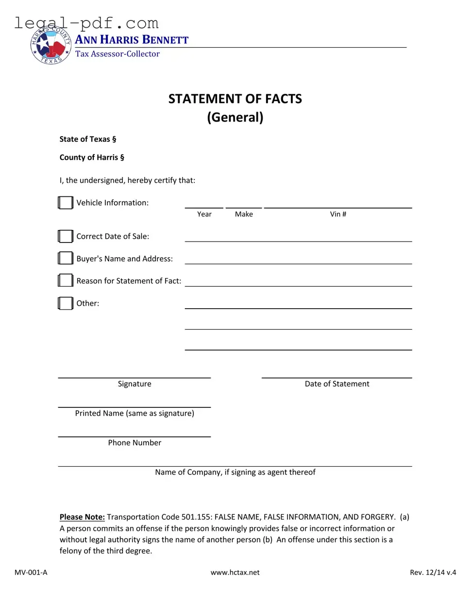 Blank Statement Of Fact Texas Form