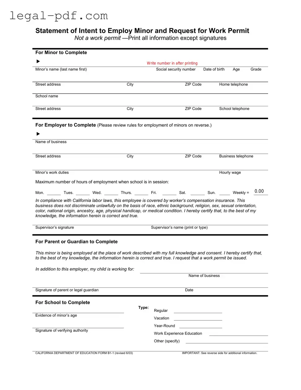 Blank Statement of Intent to Employ Minor and Request for Work Permit Form