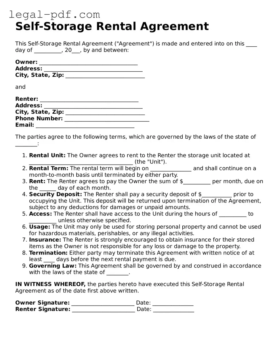 Valid Self-Storage Rental Agreement Template