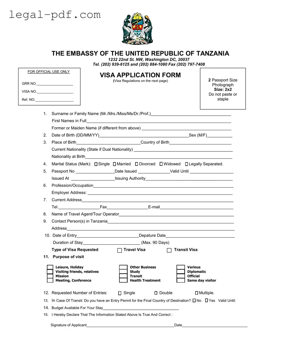 Blank Tanzania Visa Applicaiton Form