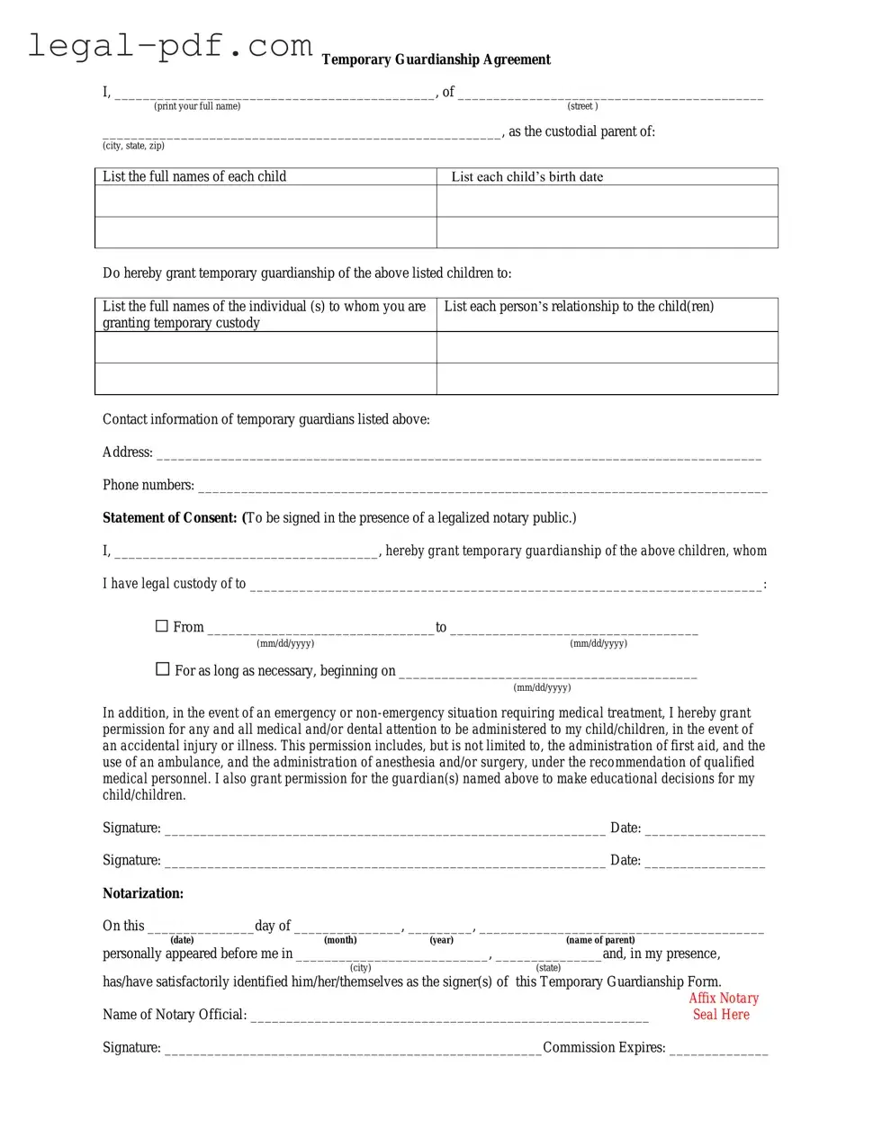 Blank Temporary Custody Form
