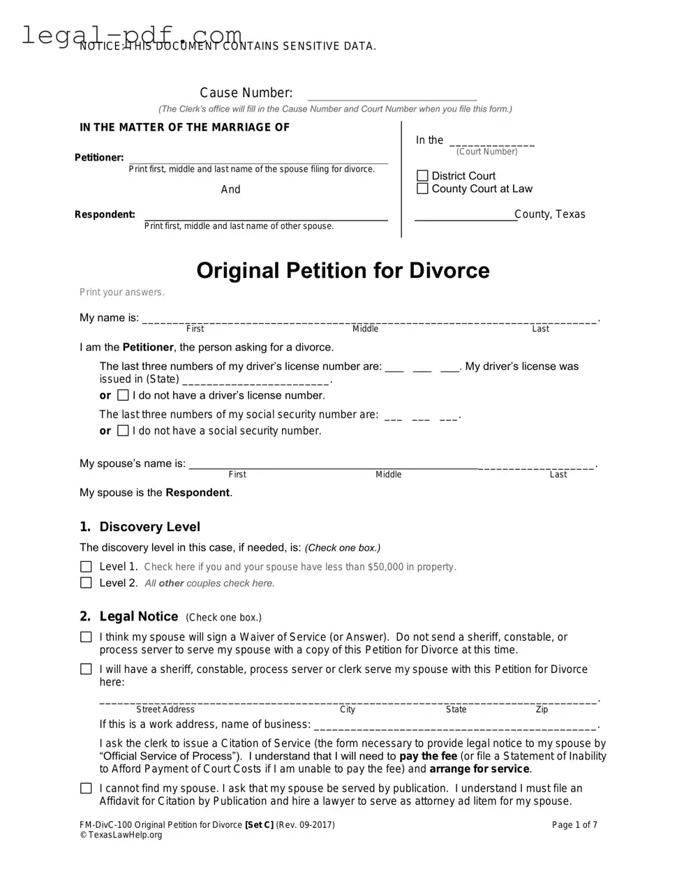 Blank Texas Law Help FM-DivC-100 Original Petition for Divorce Set C Form