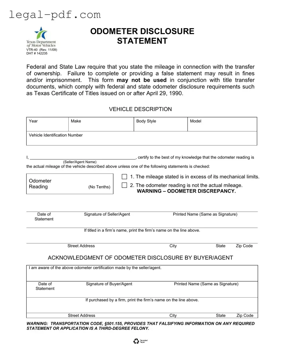Blank Texas Odometer Statement Form
