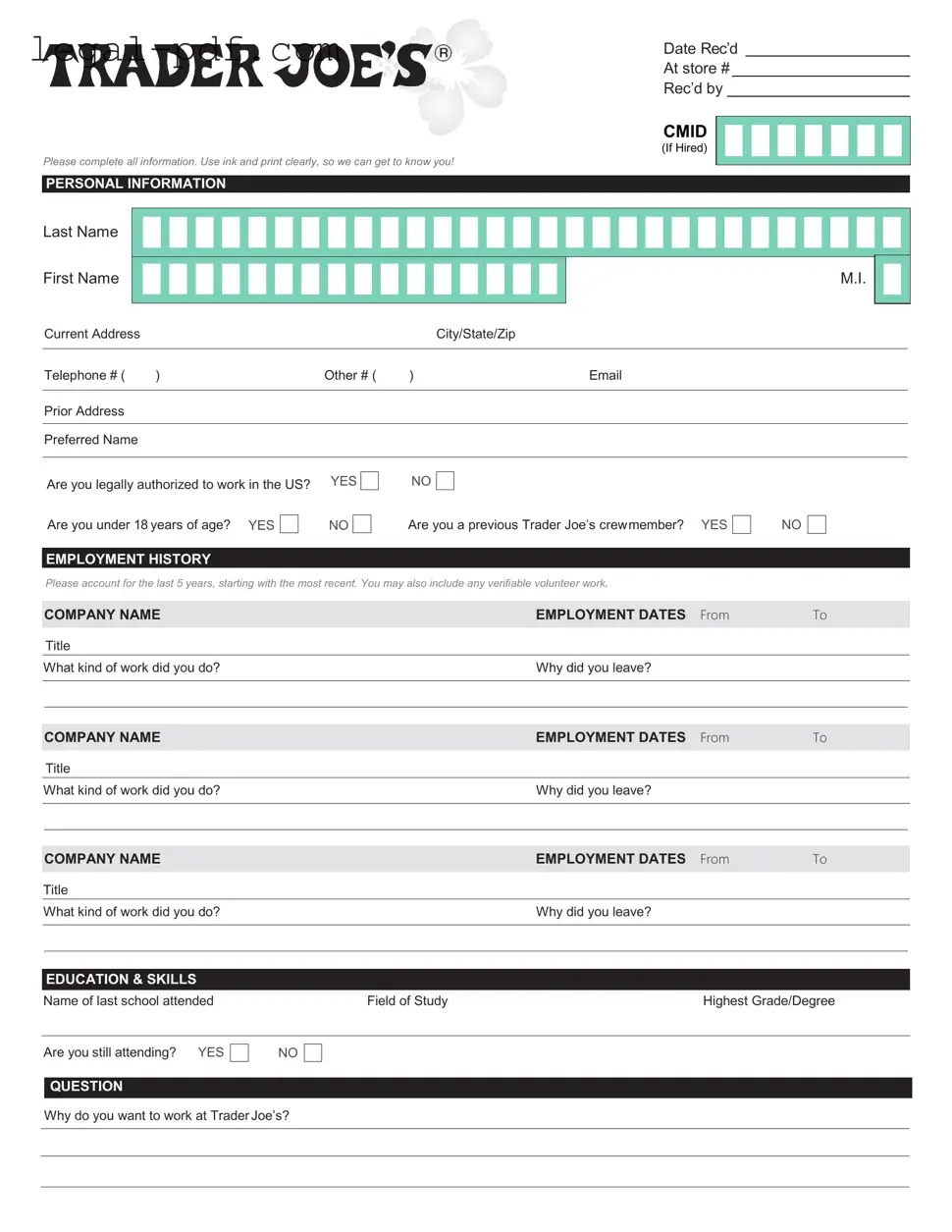 Blank Trader Joe's application Form