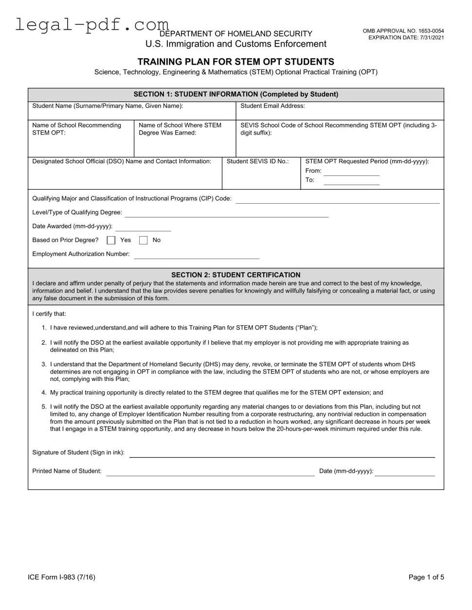 Blank ICE I-983 Form