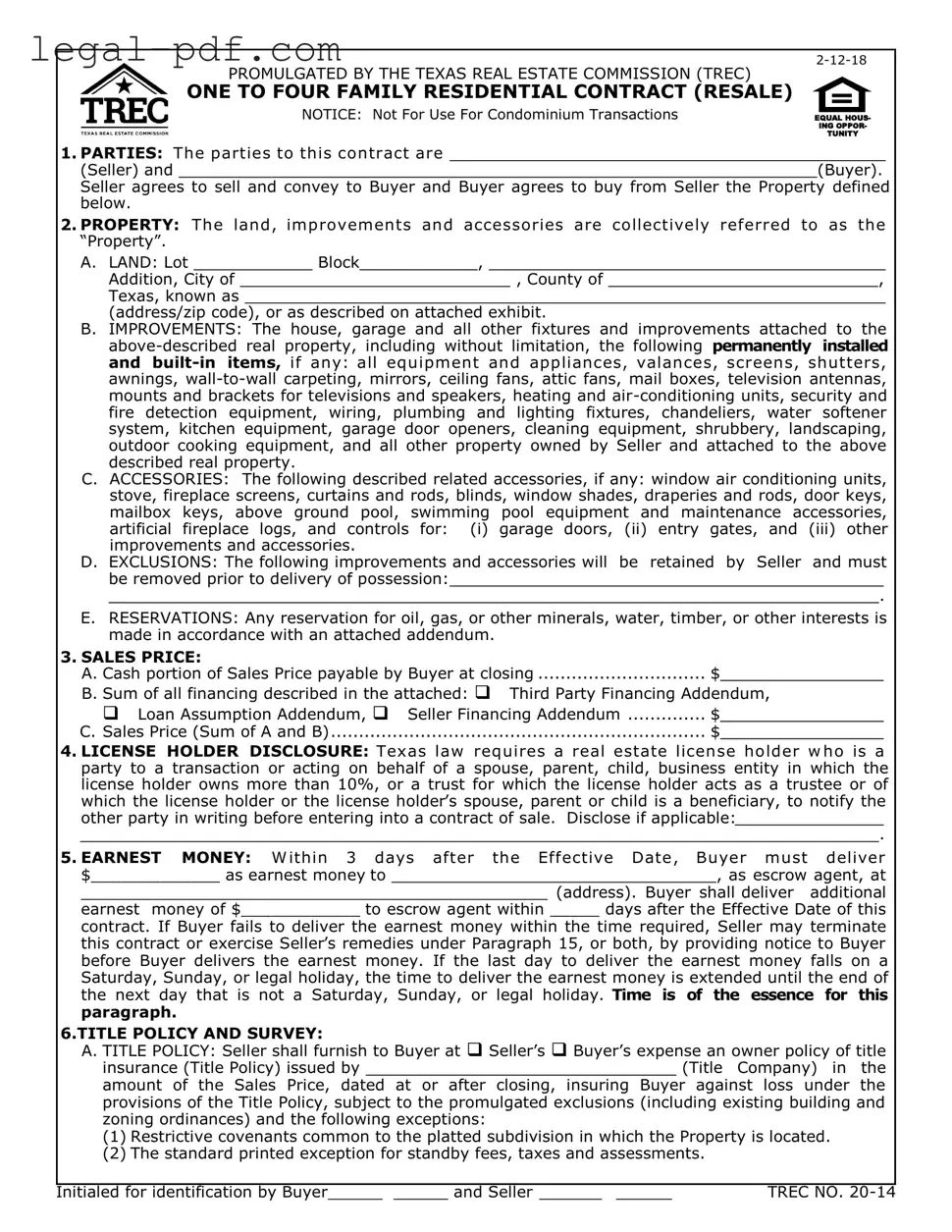 Blank TREC One to four family residential contract Form