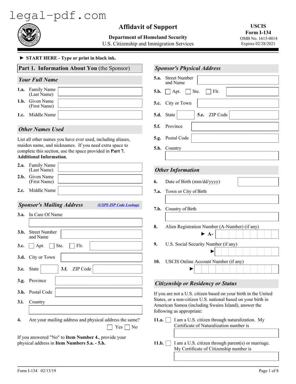 Blank USCIS I-134 Form