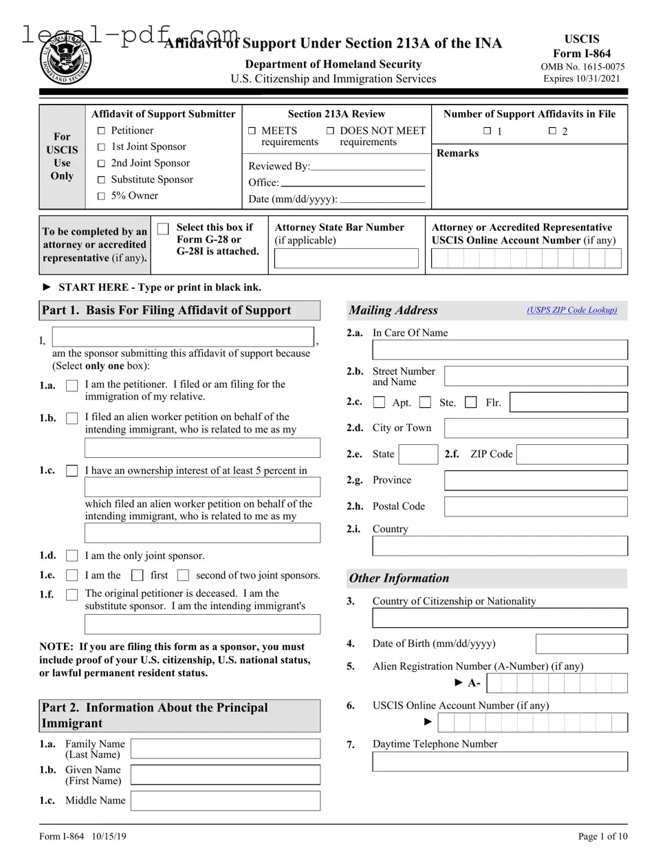 Blank USCIS I-864 Form