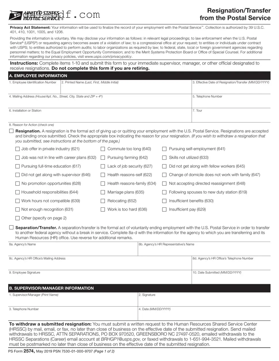 Blank Usps Resignation Form