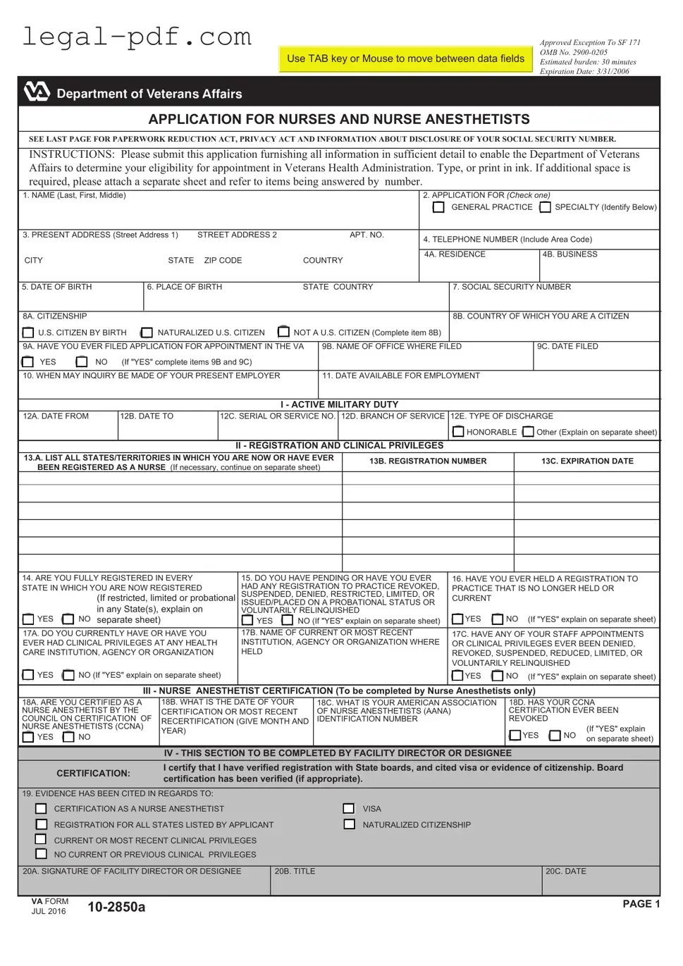 Blank VA 10-2850a Form