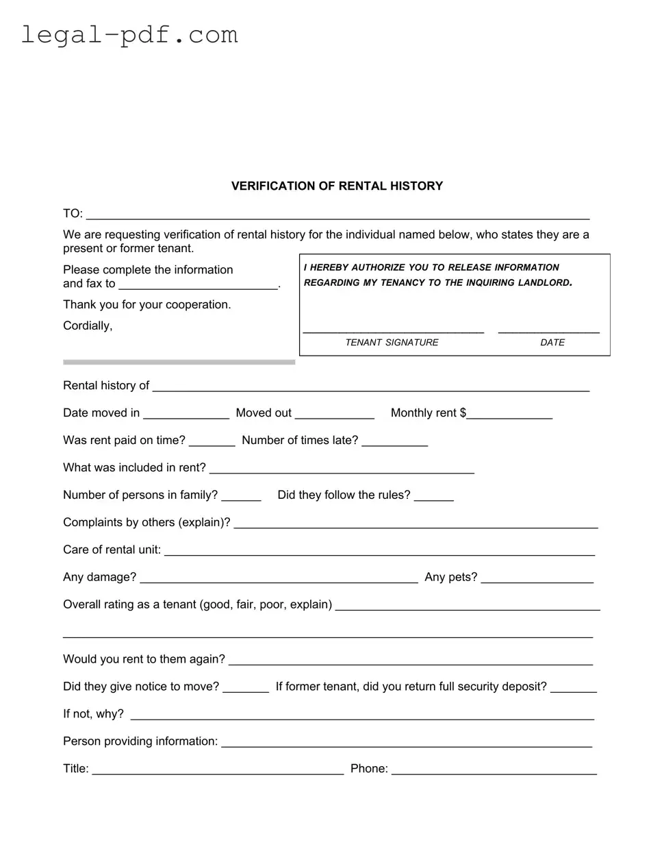 Blank Verification Rental Form