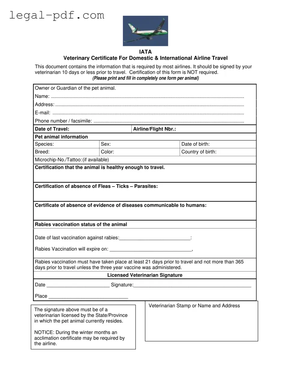 Blank Veterinary Certificate Travel Form