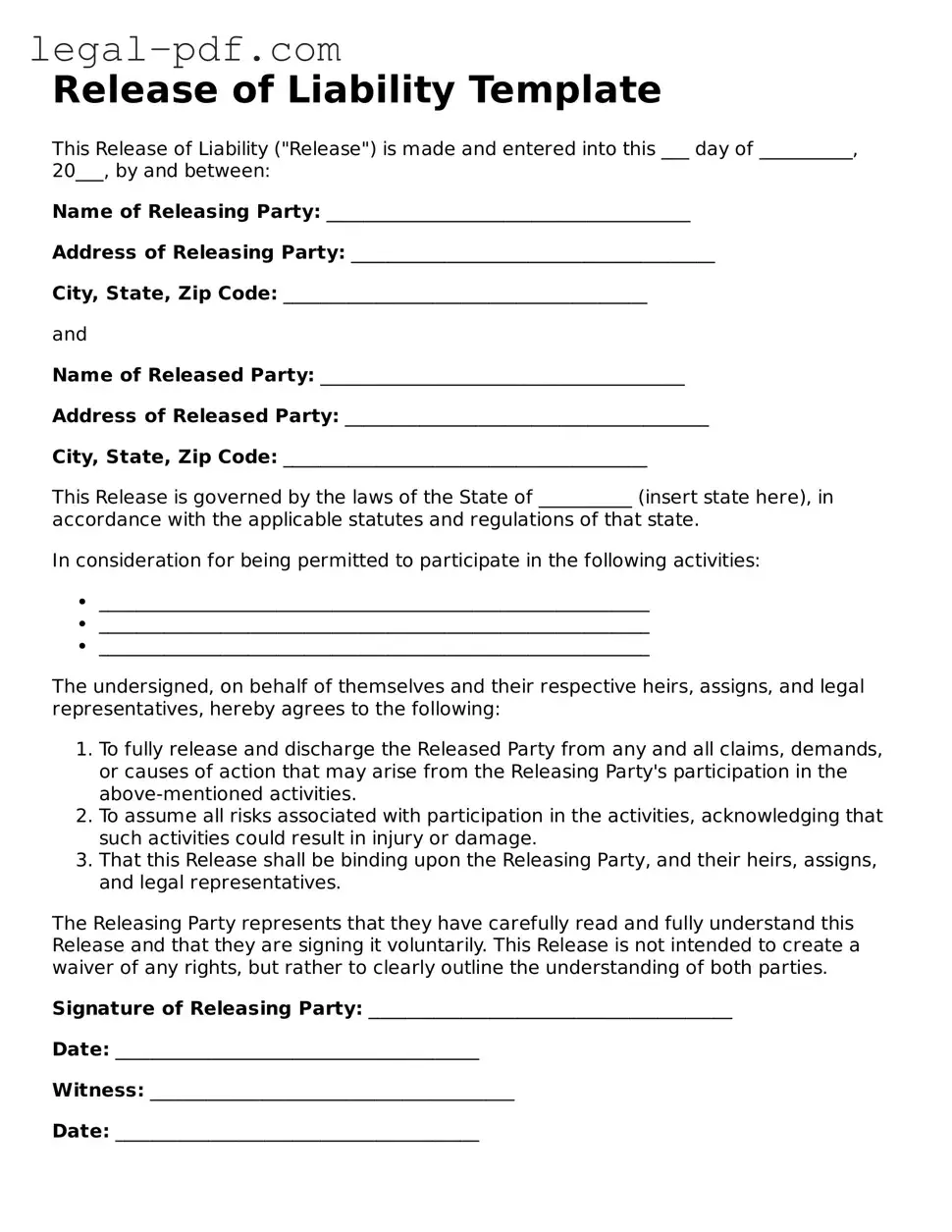 Valid Release of Liability Template