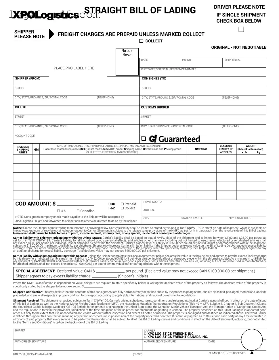 Blank Xpo Logistics Bill Of Lading Form